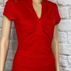 HEARTSOUL Top Red Womens Size Medium Zipper Front Gathers Lace Stretchy